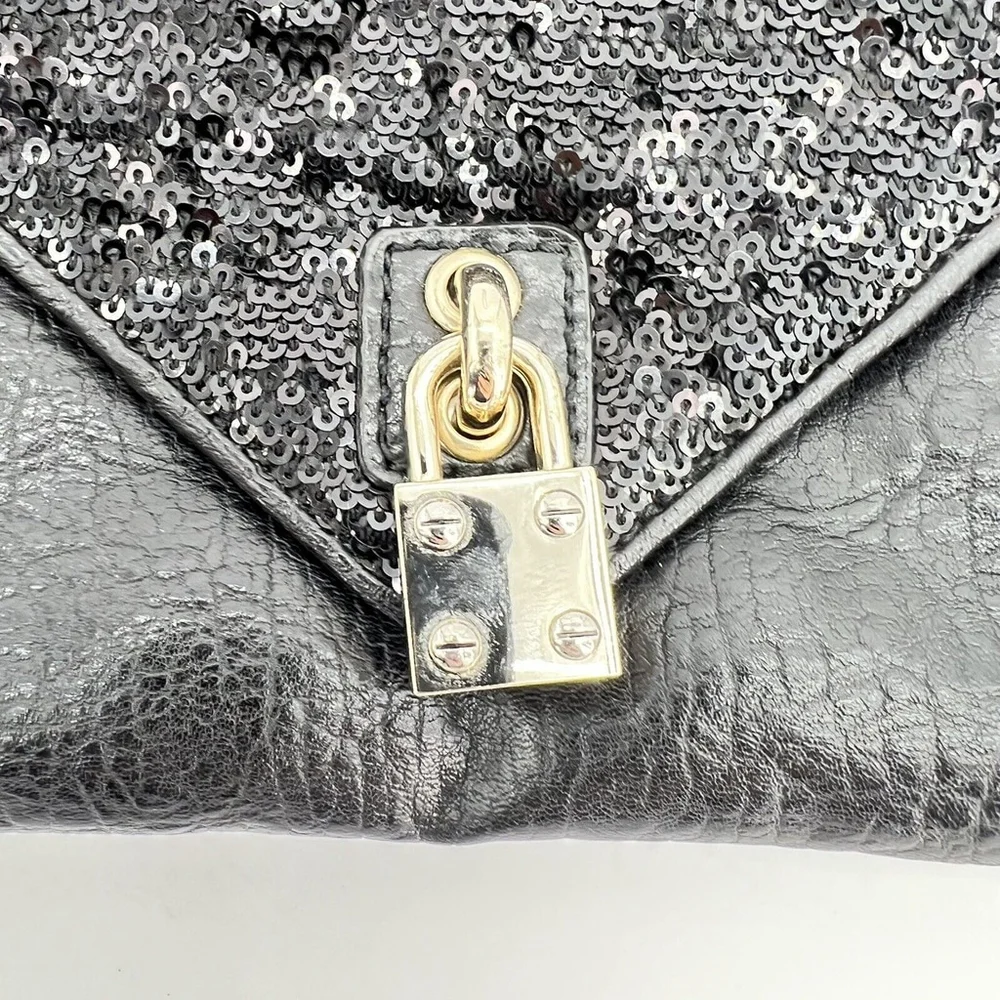 Alexis Hudson Black Leather Sequined Clutch Purse Handbag Faux Lock